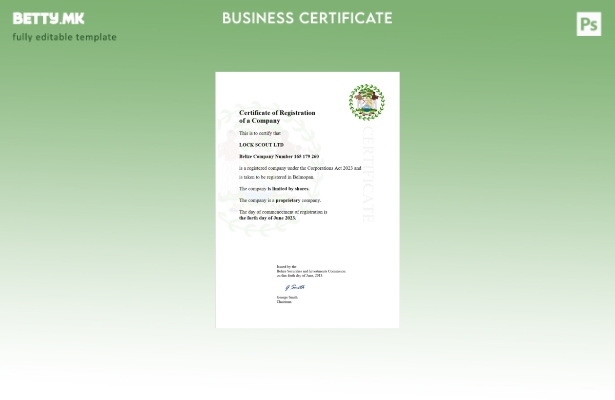 модерен стил Белизе сертификат за регистрација Шаблон за Word и PDF
